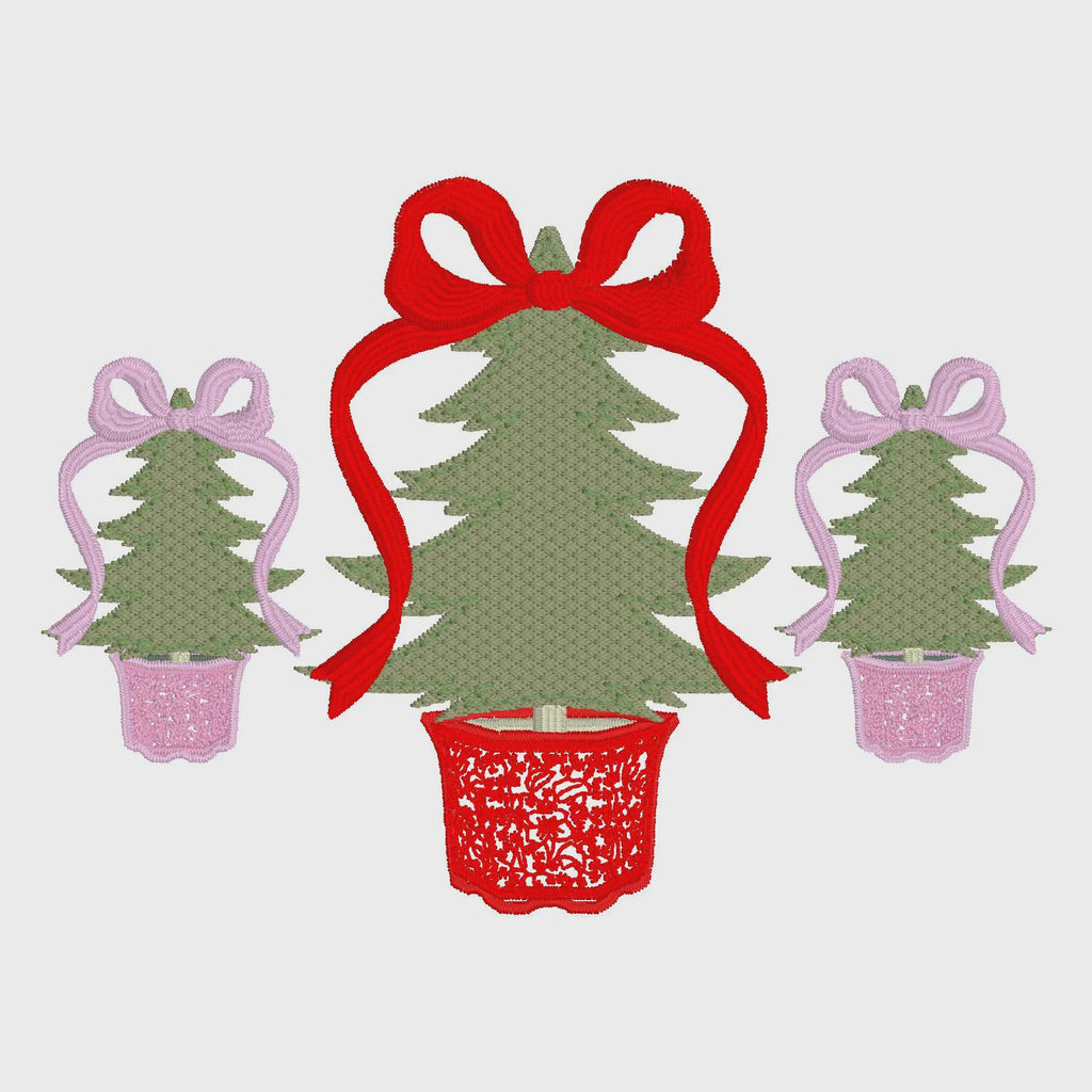 Chinoiserie Christmas Trees Embroidery Design: Coquette Bow Topped (10 Formats)
