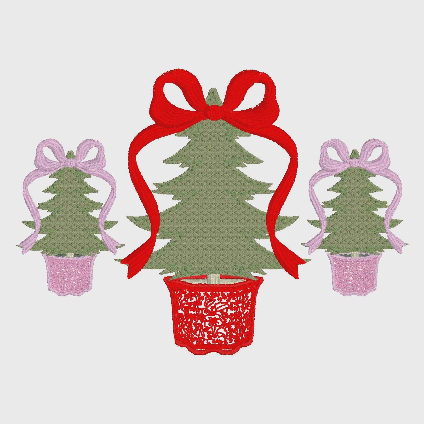 Chinoiserie Christmas Trees Embroidery Design: Coquette Bow Topped (10 Formats)