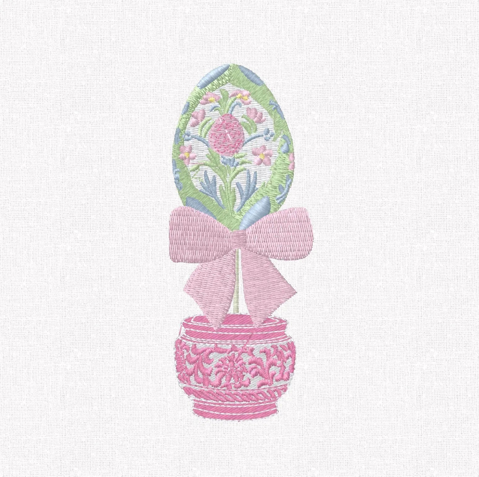 Colorful Chinoiserie Easter Egg Topiary Embroidery Design: Potted in Ginger Jar with Bow (9 Formats)