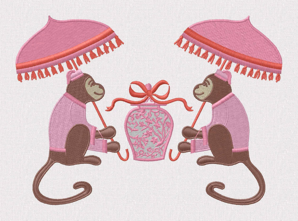 Chinoiserie Monkey & Ginger Jar Embroidery Design: Chimp with Parasol (9 Formats, Instant Download)