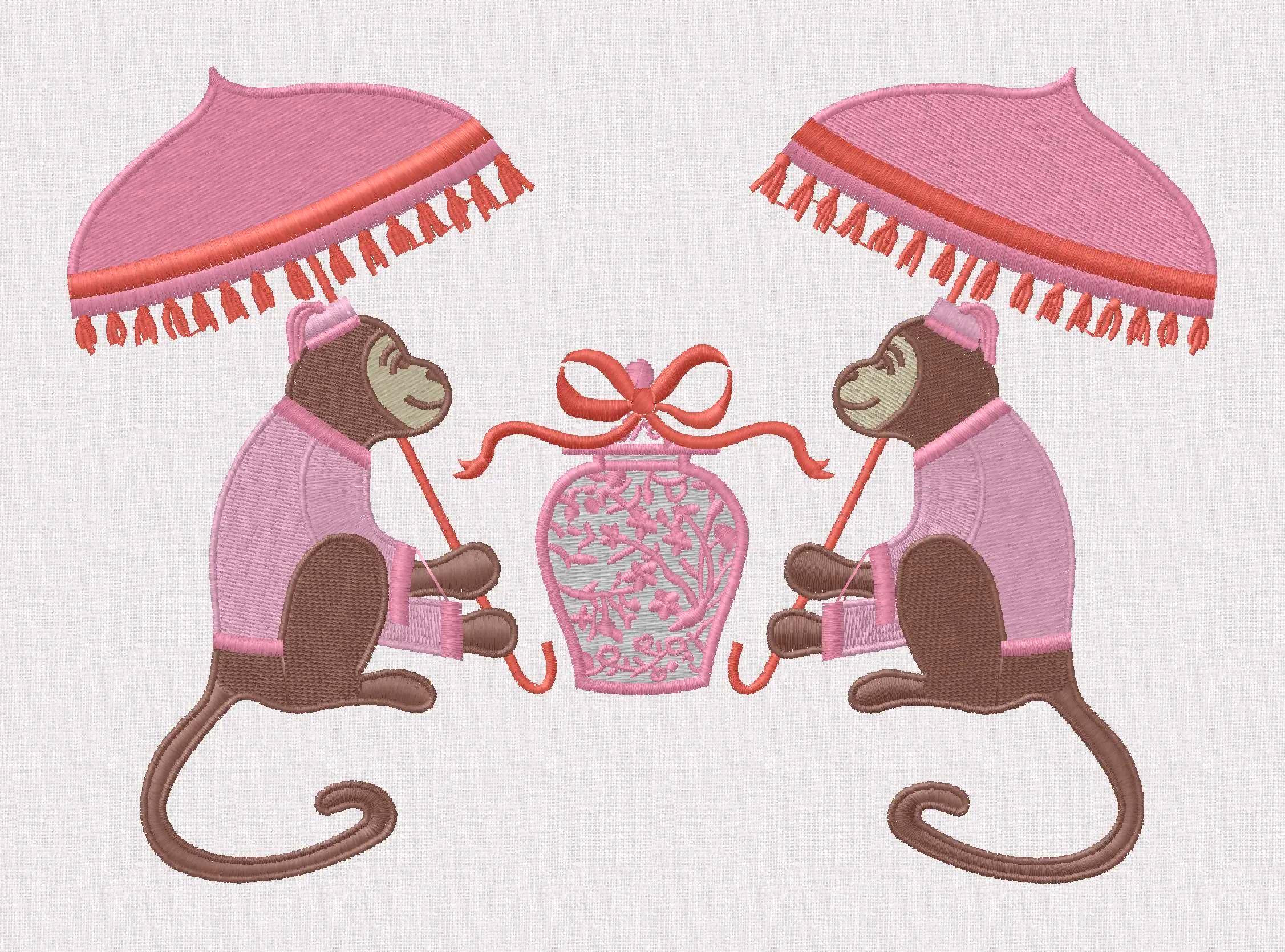 Chinoiserie Monkey & Ginger Jar Embroidery Design: Chimp with Parasol (9 Formats, Instant Download)