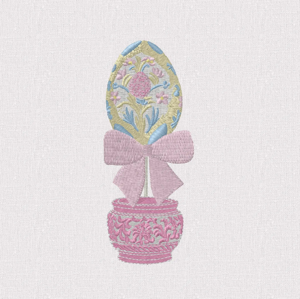 Colorful Chinoiserie Easter Egg Topiary Embroidery Design: Potted in Ginger Jar with Bow (9 Formats)