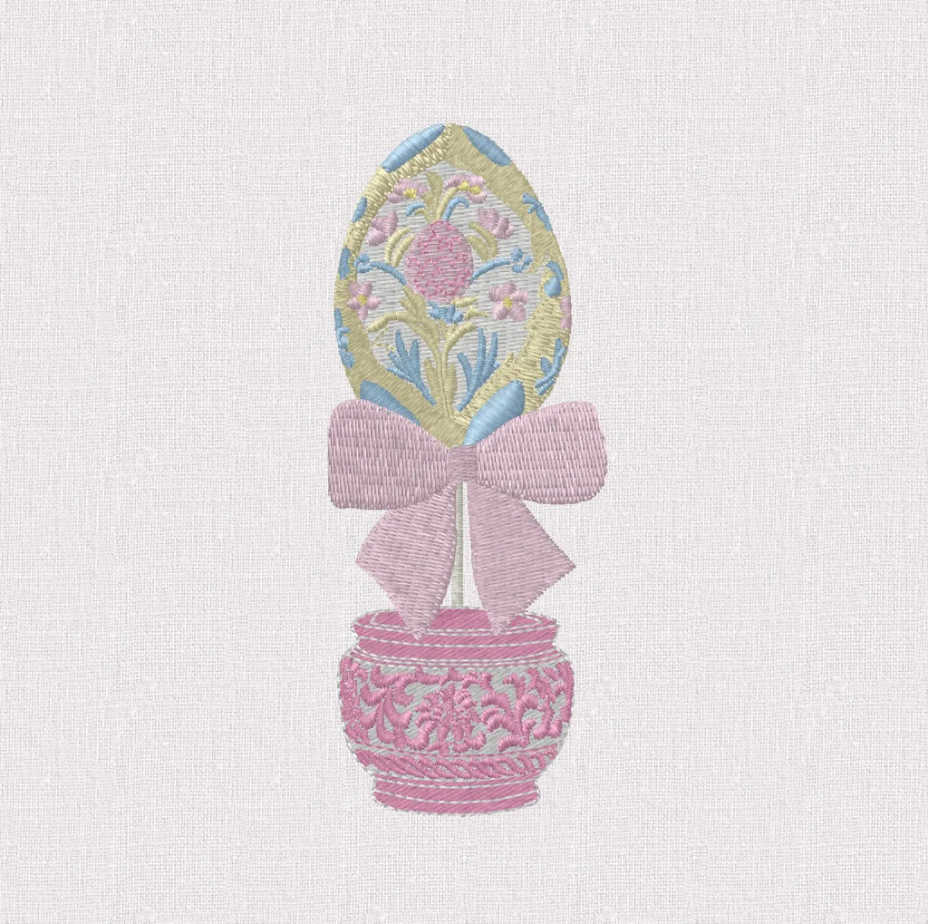 Colorful Chinoiserie Easter Egg Topiary Embroidery Design: Potted in Ginger Jar with Bow (9 Formats)