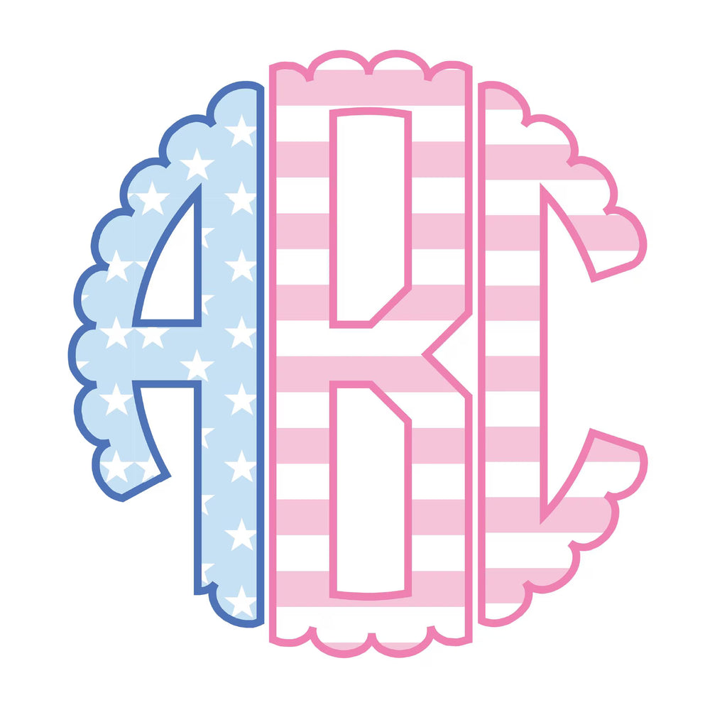 Patriotic Scallop Monogram .OTF & PNG Font: Includes 76 Letters + Open Type + Bow