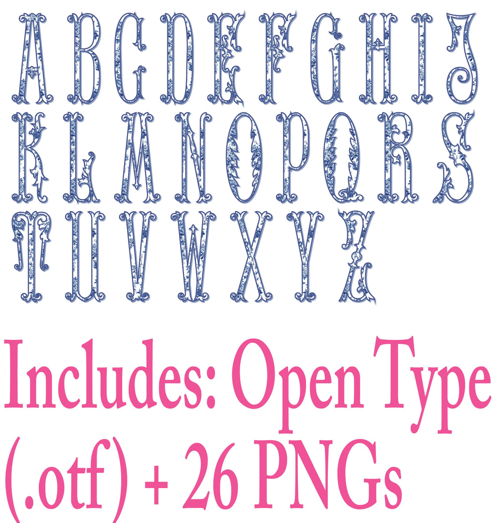 Fancy Chinoiserie Monogram Font: .otf (open type font) + all 26 letters in png format