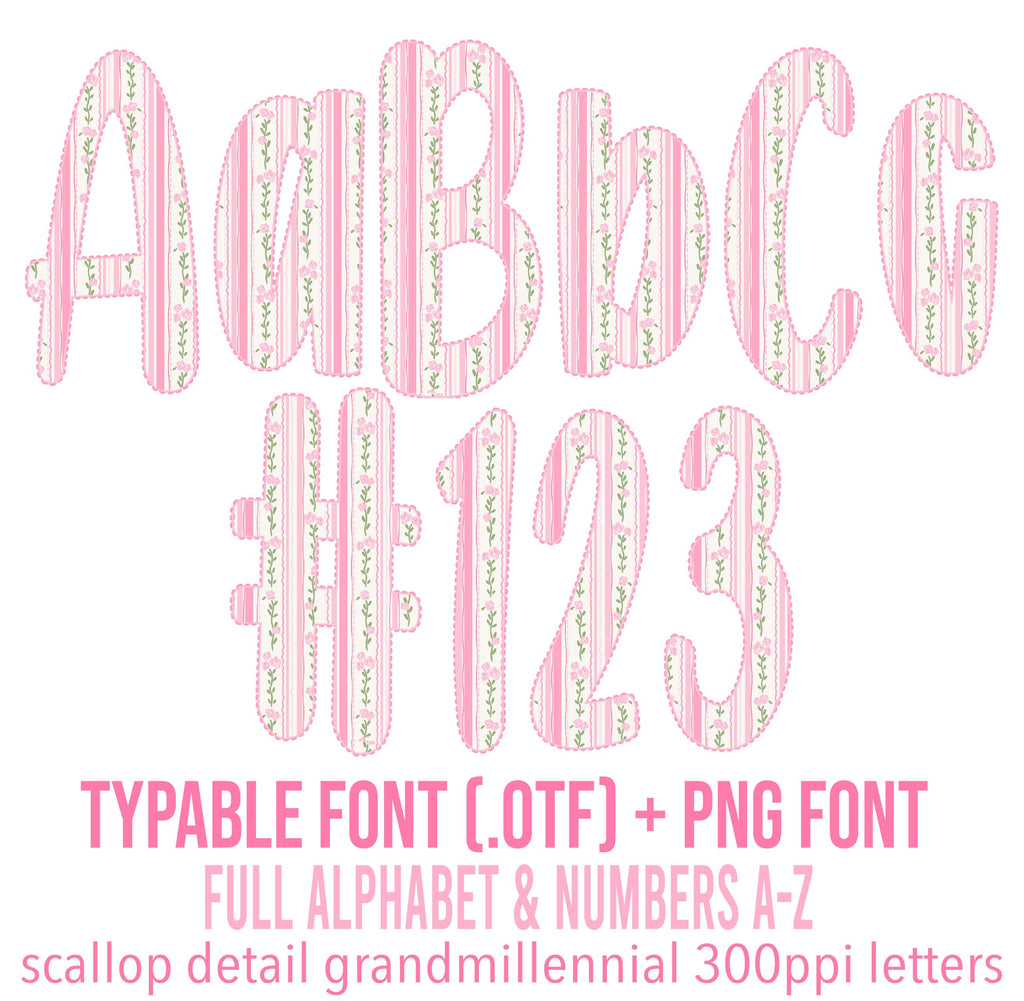 Grandmillennial Alphabet: Typable .otf (open type font) + A-Z, 0-9, & bow in PNG format