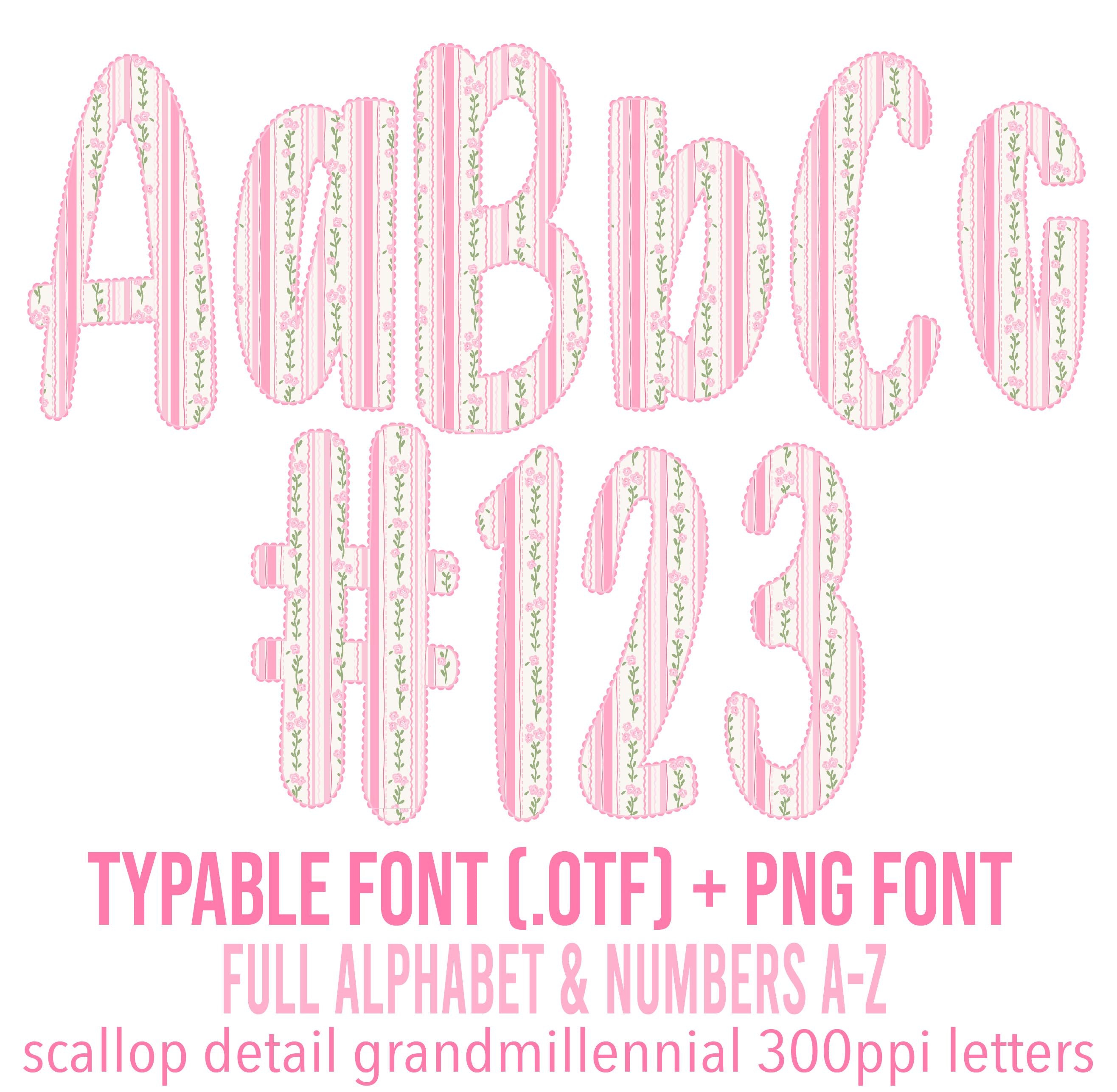 Grandmillennial Alphabet: Typable .otf (open type font) + A-Z, 0-9, & bow in PNG format