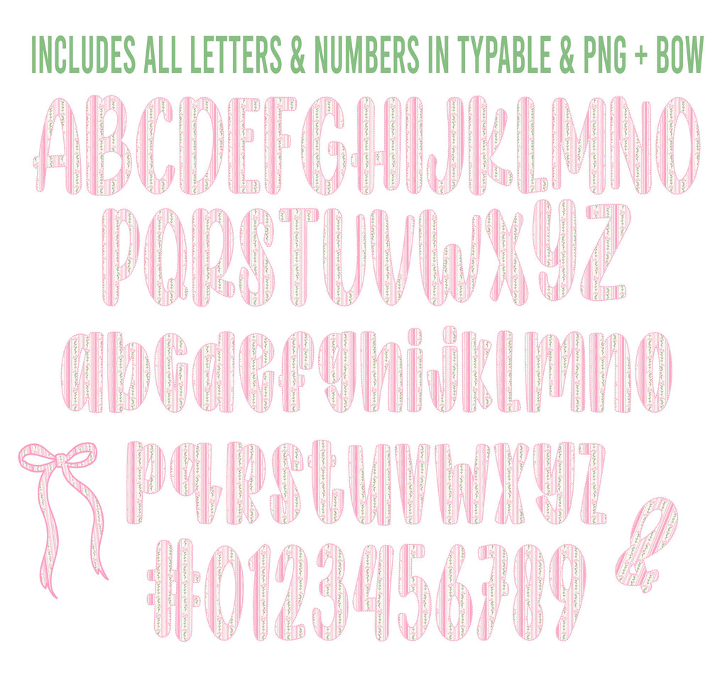 Grandmillennial Alphabet: Typable .otf (open type font) + A-Z, 0-9, & bow in PNG format