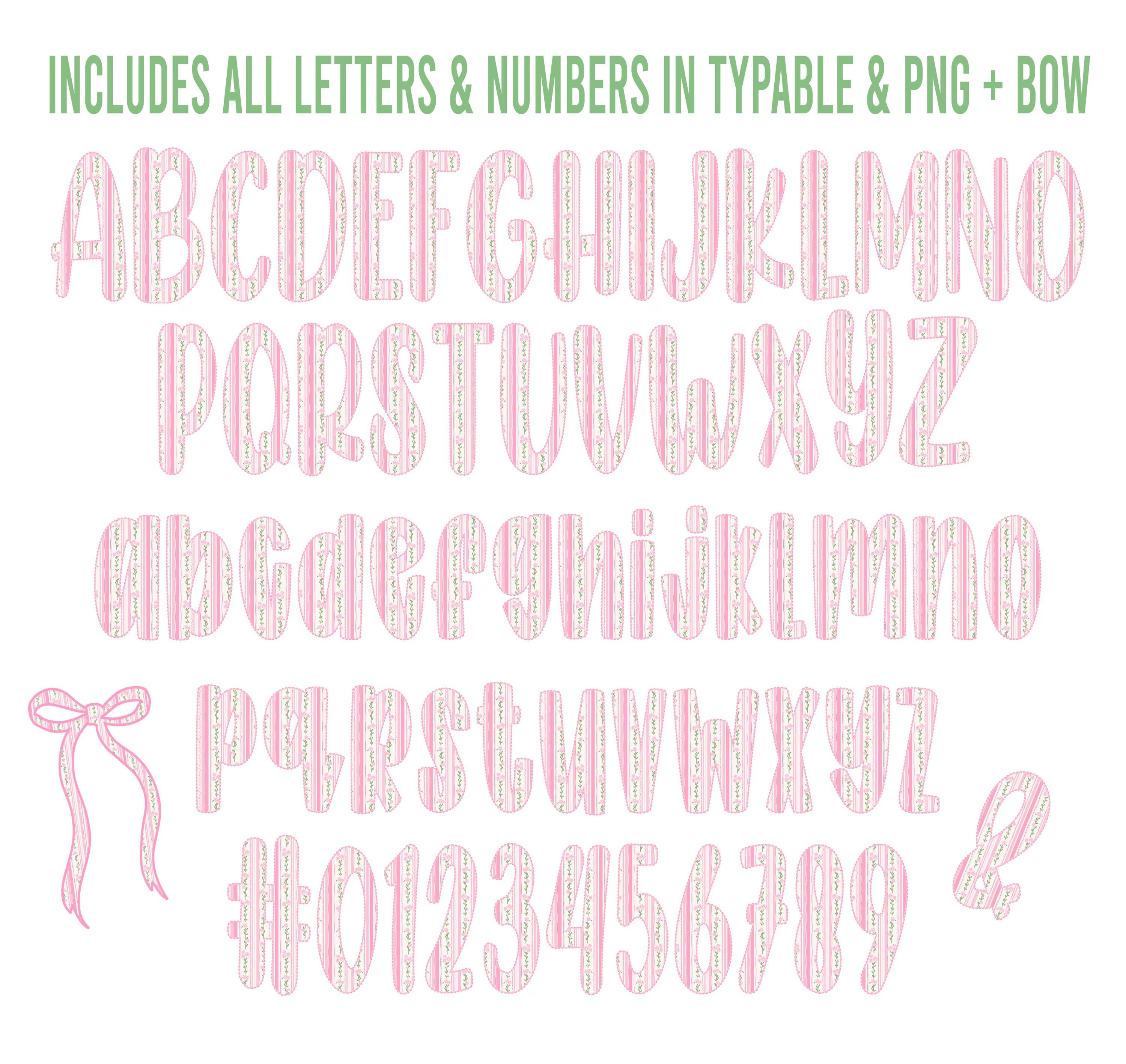 Grandmillennial Alphabet: Typable .otf (open type font) + A-Z, 0-9, & bow in PNG format
