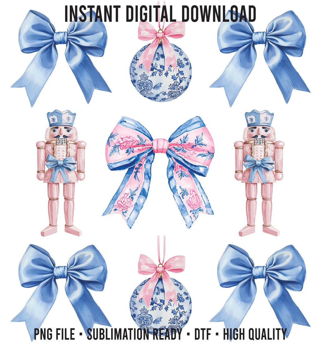 Chinoiserie Nutcrackers PNG: Pink and Blue Bows Ornament (Digital Download)