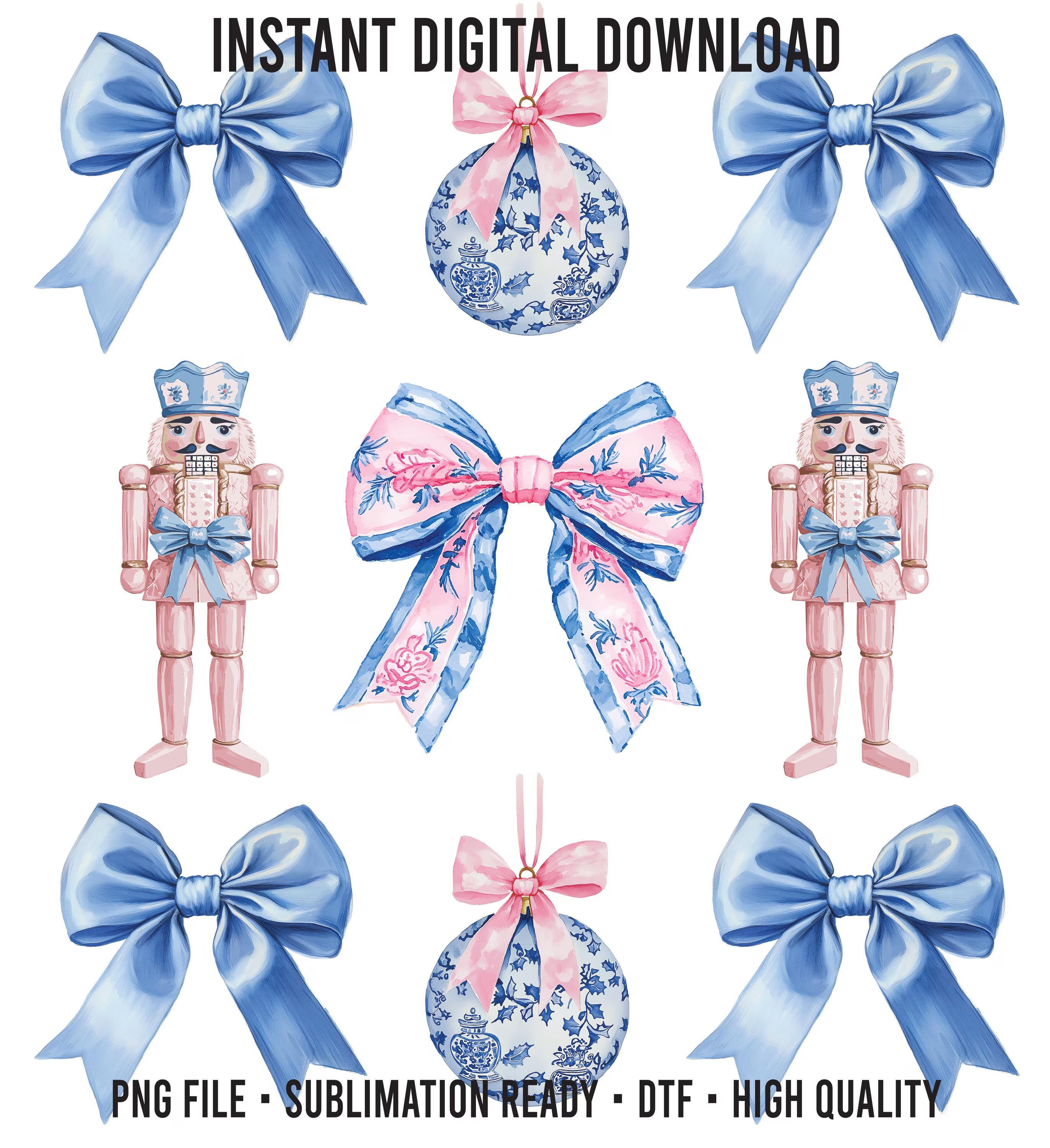 Chinoiserie Nutcrackers PNG: Pink and Blue Bows Ornament (Digital Download)