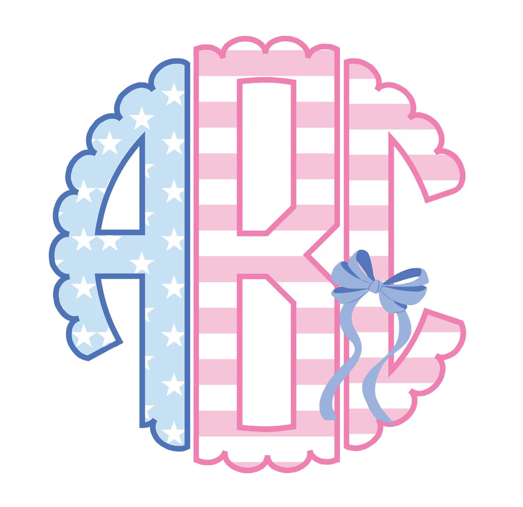 Patriotic Scallop Monogram .OTF & PNG Font: Includes 76 Letters + Open Type + Bow