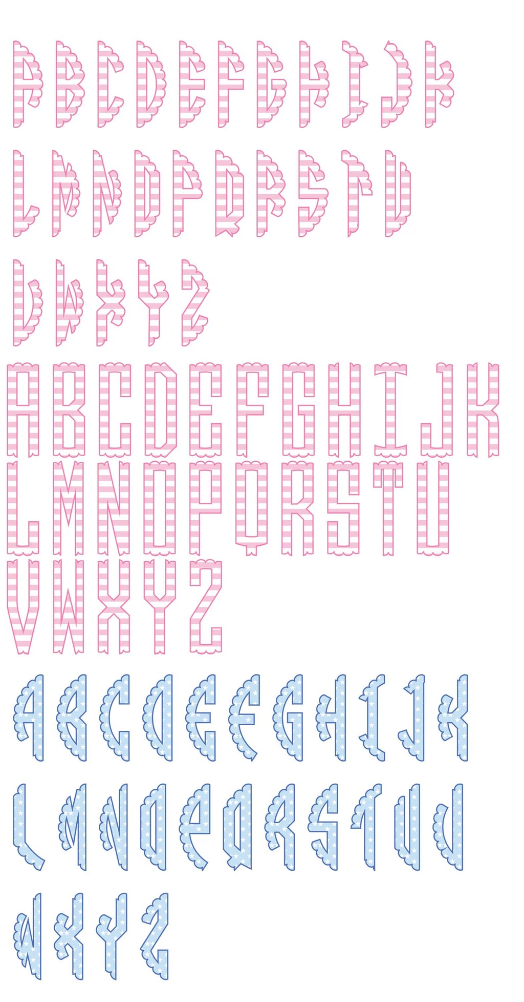 Patriotic Scallop Monogram .OTF & PNG Font: Includes 76 Letters + Open Type + Bow