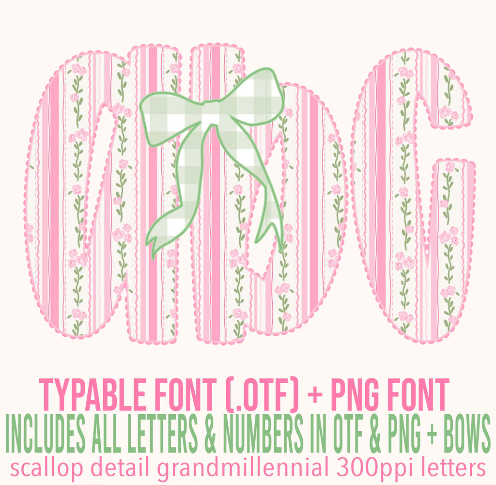 Grandmillennial Alphabet: Typable .otf (open type font) + A-Z, 0-9, & bow in PNG format