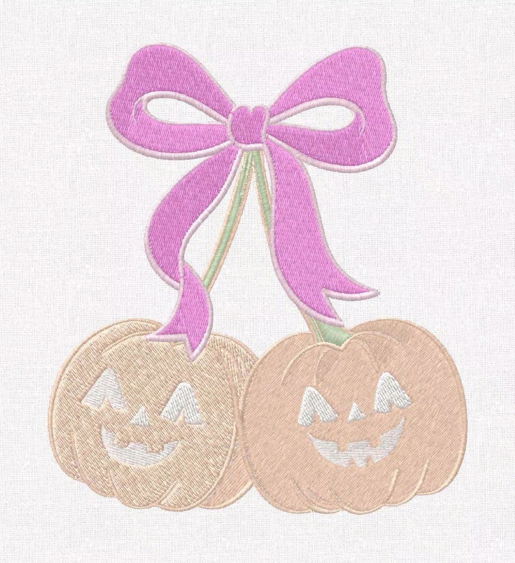 Pumpkin Cherries Coquette Bow Embroidery File: Fall Stitch Design (10 Formats)