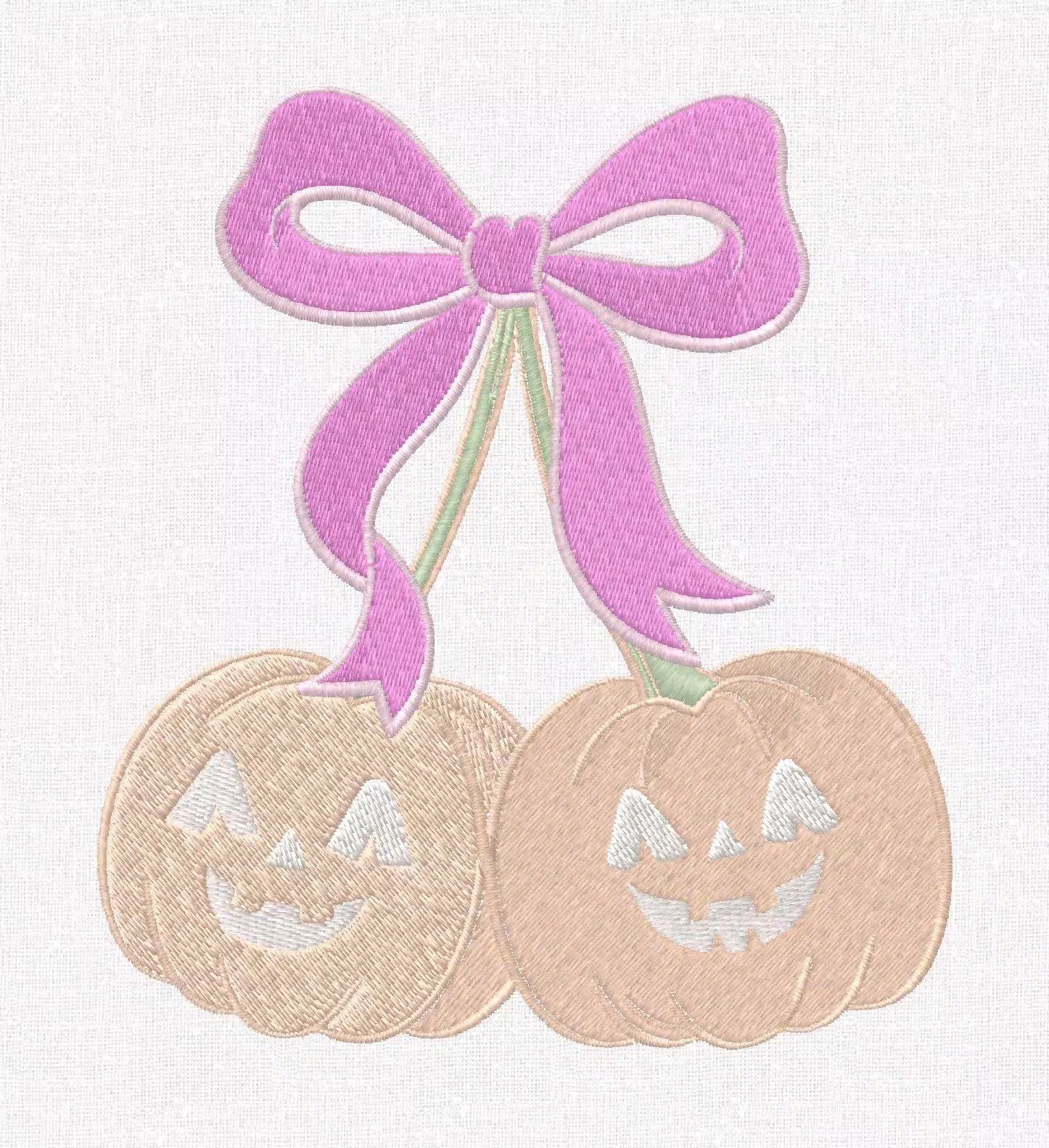 Pumpkin Cherries Coquette Bow Embroidery File: Fall Stitch Design (10 Formats)
