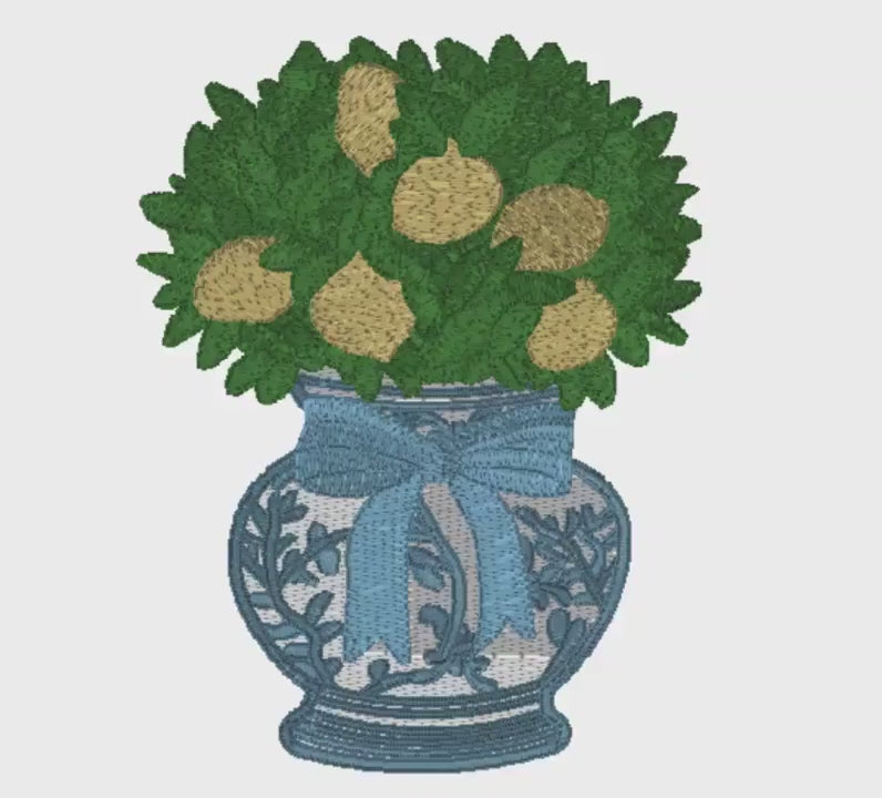 Lemon Tree Embroidery Design: Chinoiserie Ginger Jar, Coquette Bow (Digital Download)