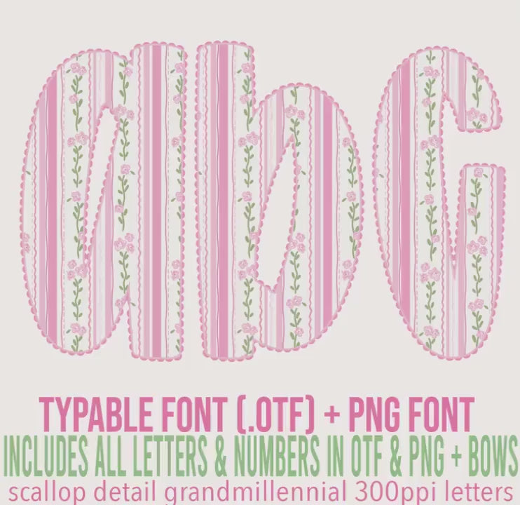 Grandmillennial Alphabet: Typable .otf (open type font) + A-Z, 0-9, & bow in PNG format