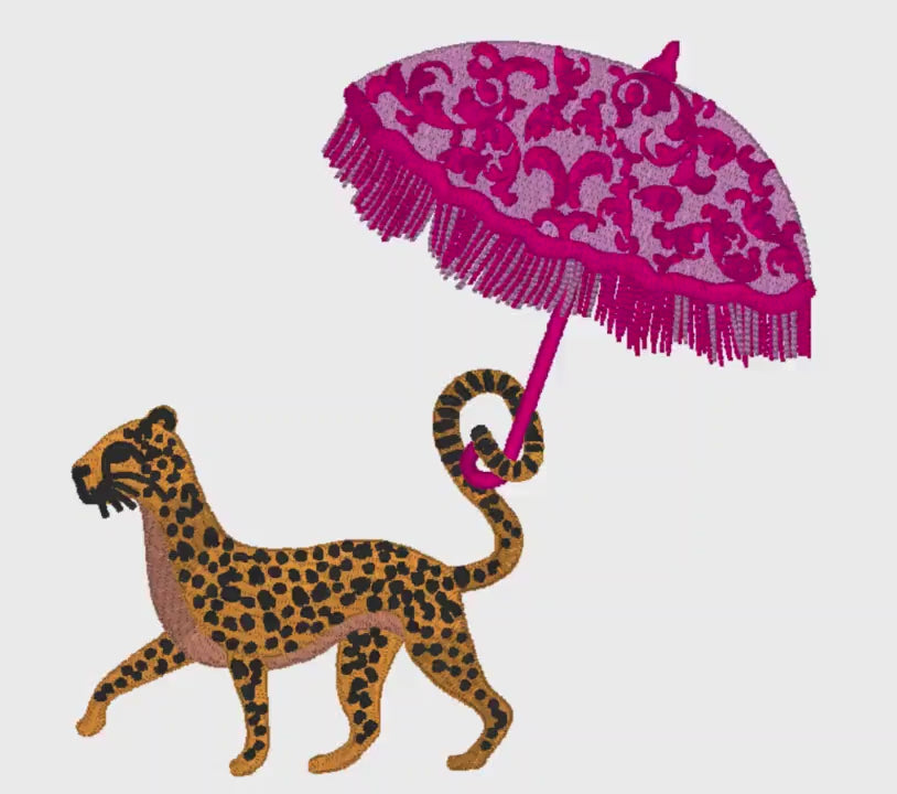 Cheetah Chinoiserie Embroidery Design: Walking with Parasol (Instant Download)
